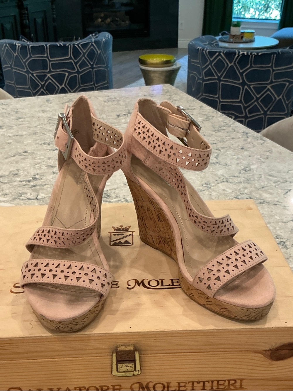 Charles David Pink Laser-Cut Suede Cork Wedge Sandals